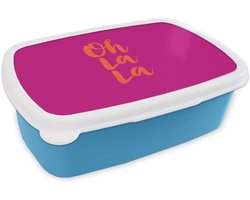 Broodtrommel Blauw - Lunchbox Oh la la - Roze - Oranje - Minimalistisch - Brooddoos 18x12x6 cm - Brood lunch box - Broodtrommels voor kinderen en volwassenen