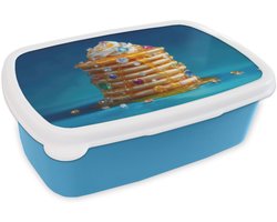 Broodtrommel Blauw - Lunchbox Pannenkoeken - Steentjes - Glitter - Slagroom - Brooddoos 18x12x6 cm - Brood lunch box - Broodtrommels voor kinderen en volwassenen
