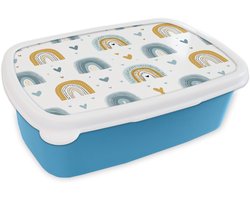 Broodtrommel Blauw - Lunchbox Patroon - Regenboog - Hartjes - Brooddoos 18x12x6 cm - Brood lunch box - Broodtrommels voor kinderen en volwassenen