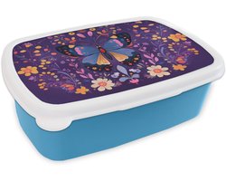 Broodtrommel Blauw - Lunchbox Sierlijk - Bloemen - Vlinder - Paars - Brooddoos 18x12x6 cm - Brood lunch box - Broodtrommels voor kinderen en volwassenen