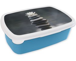 Broodtrommel Blauw - Lunchbox Stenen - Lotus - Grijs - Brooddoos 18x12x6 cm - Brood lunch box - Broodtrommels voor kinderen en volwassenen