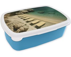 Broodtrommel Blauw - Lunchbox Strandbedden - Zee - Stenen - Baai - Brooddoos 18x12x6 cm - Brood lunch box - Broodtrommels voor kinderen en volwassenen