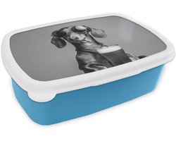 Broodtrommel Blauw - Lunchbox Teckel - Bier - Glas - Bril - Brooddoos 18x12x6 cm - Brood lunch box - Broodtrommels voor kinderen en volwassenen