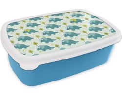 Broodtrommel Blauw - Lunchbox Triceratop - Blauw - Stippen - Boompjes - Brooddoos 18x12x6 cm - Brood lunch box - Broodtrommels voor kinderen en volwassenen