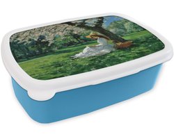 Broodtrommel Blauw - Lunchbox Vrouw - Boom - Boek - Mandje - Brooddoos 18x12x6 cm - Brood lunch box - Broodtrommels voor kinderen en volwassenen