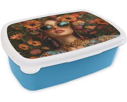 Broodtrommel Blauw - Lunchbox Vrouwen - Bloemen - Modern - Bril - Abstract - Brooddoos 18x12x6 cm - Brood lunch box - Broodtrommels voor kinderen en volwassenen