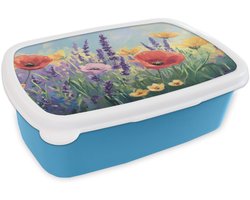 Broodtrommel Blauw - Lunchbox Weide - Bloemen - Kleurrijk - Brooddoos 18x12x6 cm - Brood lunch box - Broodtrommels voor kinderen en volwassenen