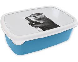 Broodtrommel Blauw - Lunchbox Wijnfles - Otter - Zwart - Brooddoos 18x12x6 cm - Brood lunch box - Broodtrommels voor kinderen en volwassenen