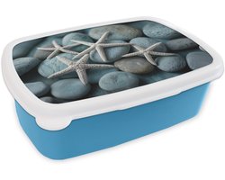 Broodtrommel Blauw - Lunchbox Zeesterren - Stenen - Wit - Brooddoos 18x12x6 cm - Brood lunch box - Broodtrommels voor kinderen en volwassenen