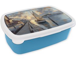 Broodtrommel Blauw - Lunchbox Zeilboot - Zon - Pier - Hout - Brooddoos 18x12x6 cm - Brood lunch box - Broodtrommels voor kinderen en volwassenen