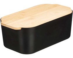 Broodtrommel - Broodbak - Brood Opbergdoos - Vershouddoos - RVS - Zwart - Bamboe - Deksel - 18.5x33x12 cm - 4,5L