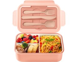 Broodtrommel - Lunchbox - Bento Lunchbox - Met 3 compartimenten - Lunchboxen - Lunchbox met vakjes - Lunchbox volwassenen - Brooddoos - Brood bewaardoos - Lunchbox kinderen - Onbreekbaar - Geschikt voor magnetron en vaatwasser - Roze