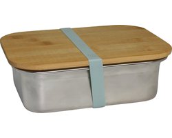 Broodtrommel - Lunchbox - Brooddoos - Broodtrommel kinderen en volwassenen - Lunchtrommel - Broodtrommels - Met elastiek en losse deksel - Rechthoekig - RVS en bamboe - Zilver en Bruin