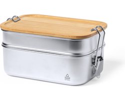 Broodtrommel - Lunchbox - Brooddoos - Lunchbox volwassenen - Lunchtrommel met dubbel compartiment - 940 ml - RVS/bamboe - Zilver