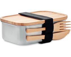 Broodtrommel - Lunchbox - Brooddoos - Lunchtrommel - Volwassenen - Met bestek - Bamboe - RVS - 600 ml - zilver - beige