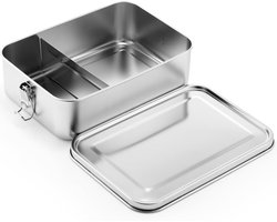 Broodtrommel - Lunchbox - Broodtrommel kinderen - Lunchbox volwassenen - Roestvrijstalen voedselcontainers - Metalen bento lunchboxen - Met scheidingswand - Met afsluitbare clips - Voor lekvrije afsluiting - Herbruikbare(850 ml)