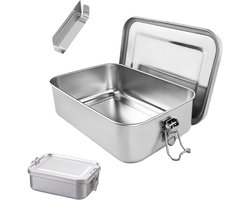 Broodtrommel - Lunchbox - Broodtrommel kinderen - Lunchbox volwassenen - Roestvrijstalen voedselcontainers - Metalen bento lunchboxen - Met scheidingswand - Met afsluitbare clips - Voor lekvrije afsluiting - Herbruikbare(2400 ml)