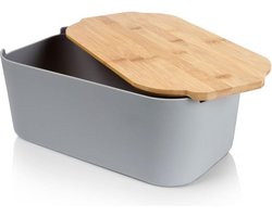 Broodtrommel met houten plank, broodmand, broodtrommel, grijs, 33 x 18,5 x 12 cm