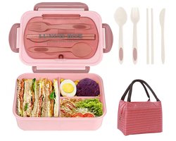 Broodtrommel Met Opbergzak - Lunchbox Volwassenen - Lunchbox - Bento Box voor volwassenen en kinderen - lunchbox met vakjes - lunchbox volwassenen - Gemakkelijk mee te nemen maaltijdhouder - Met Lepel, Vork - Duurzame, Lekvrije, BPA-vrije - Roze