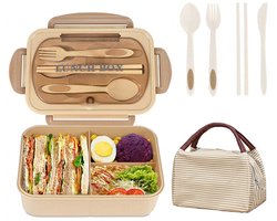 Broodtrommel Met Opbergzak - Lunchbox Volwassenen - Lunchbox - Bento Box voor volwassenen en kinderen - lunchbox met vakjes - lunchbox volwassenen - Gemakkelijk mee te nemen maaltijdhouder - Met Lepel, Vork - Duurzame, Lekvrije, BPA-vrije - Khaki