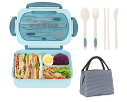 Broodtrommel Met Opbergzak - Lunchbox Volwassenen - Lunchbox - Bento Box voor volwassenen en kinderen - lunchbox met vakjes - lunchbox volwassenen - Gemakkelijk mee te nemen maaltijdhouder - Met Lepel, Vork - Duurzame, Lekvrije, BPA-vrije - Blauw