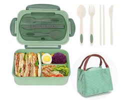 Broodtrommel Met Opbergzak - Lunchbox Volwassenen - Lunchbox - Bento Box voor volwassenen en kinderen - lunchbox met vakjes - lunchbox volwassenen - Gemakkelijk mee te nemen maaltijdhouder - Met Lepel, Vork - Duurzame, Lekvrije, BPA-vrije - Groen