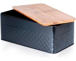Broodtrommel Metaal met Houten Plank Zwart 33,5x18,5x12,5 cm - Doos - Box
