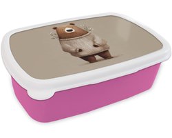 Broodtrommel Roze - Lunchbox Beer - Witte bloemen - Knus - Brooddoos 18x12x6 cm - Brood lunch box - Broodtrommels voor kinderen en volwassenen