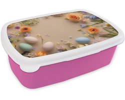 Broodtrommel Roze - Lunchbox Bloemen - Pastelkleuren - Eieren - Taupe - Brooddoos 18x12x6 cm - Brood lunch box - Broodtrommels voor kinderen en volwassenen
