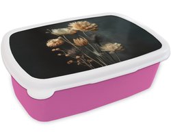 Broodtrommel Roze - Lunchbox Boeket - Bloemen - Licht - Zwart - Brooddoos 18x12x6 cm - Brood lunch box - Broodtrommels voor kinderen en volwassenen