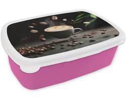Broodtrommel Roze - Lunchbox Cappuccino - Kop - Bonen - Bruin - Brooddoos 18x12x6 cm - Brood lunch box - Broodtrommels voor kinderen en volwassenen