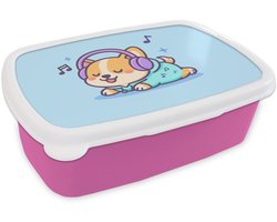 Broodtrommel Roze - Lunchbox Corgi - Koptelefoon - Blauw - Muzieknoten - Brooddoos 18x12x6 cm - Brood lunch box - Broodtrommels voor kinderen en volwassenen