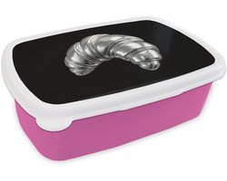 Broodtrommel Roze - Lunchbox Croissant - Metaal - Zilver - Brooddoos 18x12x6 cm - Brood lunch box - Broodtrommels voor kinderen en volwassenen