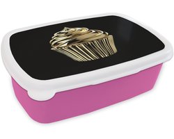 Broodtrommel Roze - Lunchbox Cupcake - Eten - Goud - Zwart - Brooddoos 18x12x6 cm - Brood lunch box - Broodtrommels voor kinderen en volwassenen