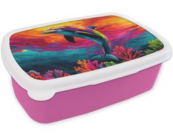 Broodtrommel Roze - Lunchbox Dolfijn - Kleurrijk - Oceaan - Koraal - Brooddoos 18x12x6 cm - Brood lunch box - Broodtrommels voor kinderen en volwassenen