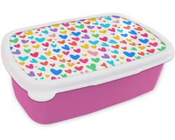 Broodtrommel Roze - Lunchbox Hartjes - Kleurrijk - Patroon - Levendig - Brooddoos 18x12x6 cm - Brood lunch box - Broodtrommels voor kinderen en volwassenen
