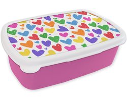 Broodtrommel Roze - Lunchbox Hartjes - Patroon - Kleurrijk - Tekening - Brooddoos 18x12x6 cm - Brood lunch box - Broodtrommels voor kinderen en volwassenen