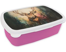 Broodtrommel Roze - Lunchbox Hert - Geverfd - Gewei - Bruin - Brooddoos 18x12x6 cm - Brood lunch box - Broodtrommels voor kinderen en volwassenen