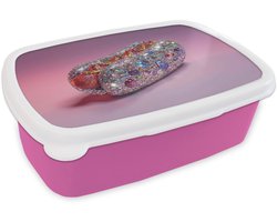 Broodtrommel Roze - Lunchbox Hotdog - Steentjes - Glitters - Paars - Brooddoos 18x12x6 cm - Brood lunch box - Broodtrommels voor kinderen en volwassenen