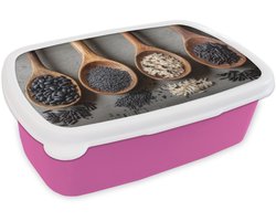 Broodtrommel Roze - Lunchbox Houten - Lepels - Rijst - Zaden - Brooddoos 18x12x6 cm - Brood lunch box - Broodtrommels voor kinderen en volwassenen