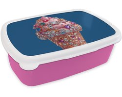 Broodtrommel Roze - Lunchbox Ijsje - Hoorntje - Steentjes - Blauw - Brooddoos 18x12x6 cm - Brood lunch box - Broodtrommels voor kinderen en volwassenen