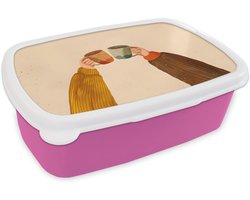 Broodtrommel Roze - Lunchbox Illustratie - Mokken - Proosten - Bruin - Brooddoos 18x12x6 cm - Brood lunch box - Broodtrommels voor kinderen en volwassenen