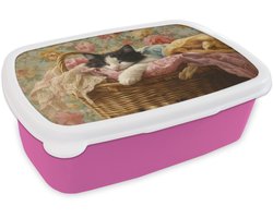 Broodtrommel Roze - Lunchbox Kat - Bloemenprint - Rieten mand - Brooddoos 18x12x6 cm - Brood lunch box - Broodtrommels voor kinderen en volwassenen