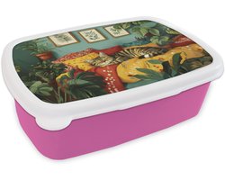 Broodtrommel Roze - Lunchbox Kat - Planten - Groen - Brooddoos 18x12x6 cm - Brood lunch box - Broodtrommels voor kinderen en volwassenen