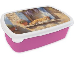 Broodtrommel Roze - Lunchbox Kat - Stenen vensterbank - Bloemen - Brooddoos 18x12x6 cm - Brood lunch box - Broodtrommels voor kinderen en volwassenen