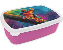 Broodtrommel Roze - Lunchbox Kikker - Felgekleurd - Tak - Regenboog - Brooddoos 18x12x6 cm - Brood lunch box - Broodtrommels voor kinderen en volwassenen