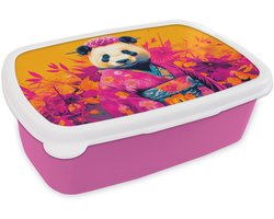 Broodtrommel Roze - Lunchbox Kimono - Roze - Panda - Bloemenkroon - Brooddoos 18x12x6 cm - Brood lunch box - Broodtrommels voor kinderen en volwassenen