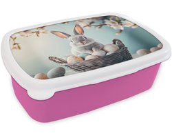Broodtrommel Roze - Lunchbox Konijn - Eieren - Mand - Brooddoos 18x12x6 cm - Brood lunch box - Broodtrommels voor kinderen en volwassenen