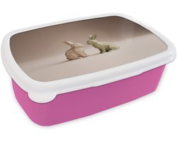 Broodtrommel Roze - Lunchbox Konijnen - Abstract - Bruin - Minimalistisch - Brooddoos 18x12x6 cm - Brood lunch box - Broodtrommels voor kinderen en volwassenen