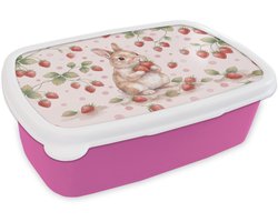 Broodtrommel Roze - Lunchbox Konijntje - Aardbeien - Roze - Rood - Brooddoos 18x12x6 cm - Brood lunch box - Broodtrommels voor kinderen en volwassenen